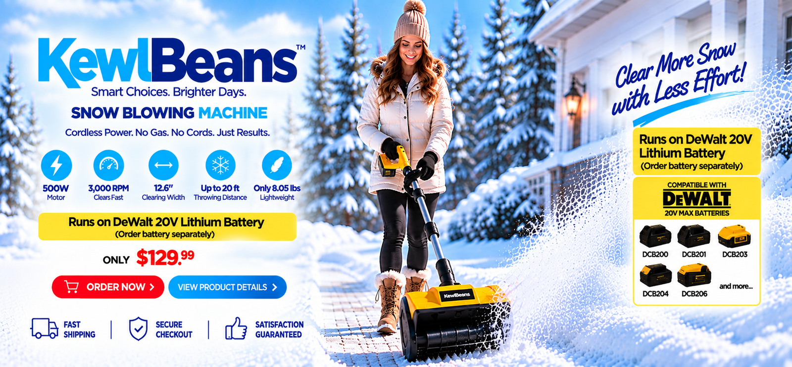KewlBeans 500W cordless snow shovel, DeWalt 20V MAX battery compatible, $129.99