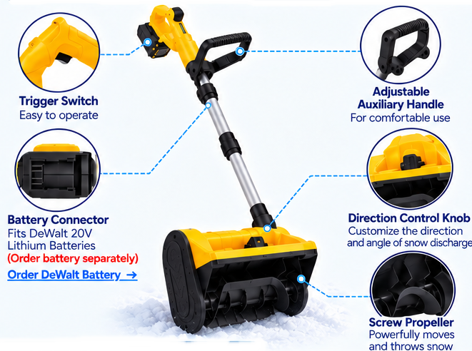 KewlBeans cordless snow shovel controls, battery connector, adjustable handle and screw propeller features